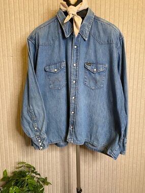 VTG 70s Wrangler Denim Pearl Snap Western Button Shirt Size 20 X 35 Cowboy USA